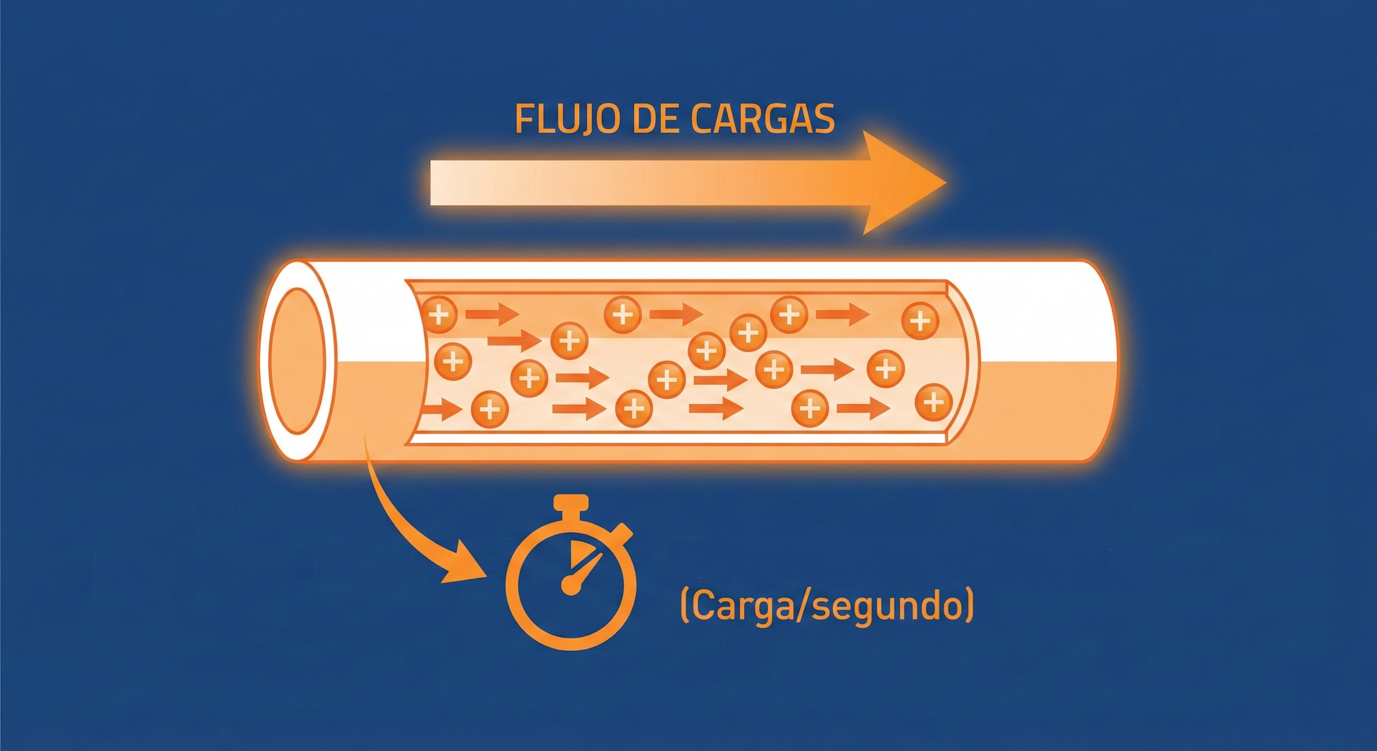 Corriente eléctrica representada como flujo de carga a través de un conductor