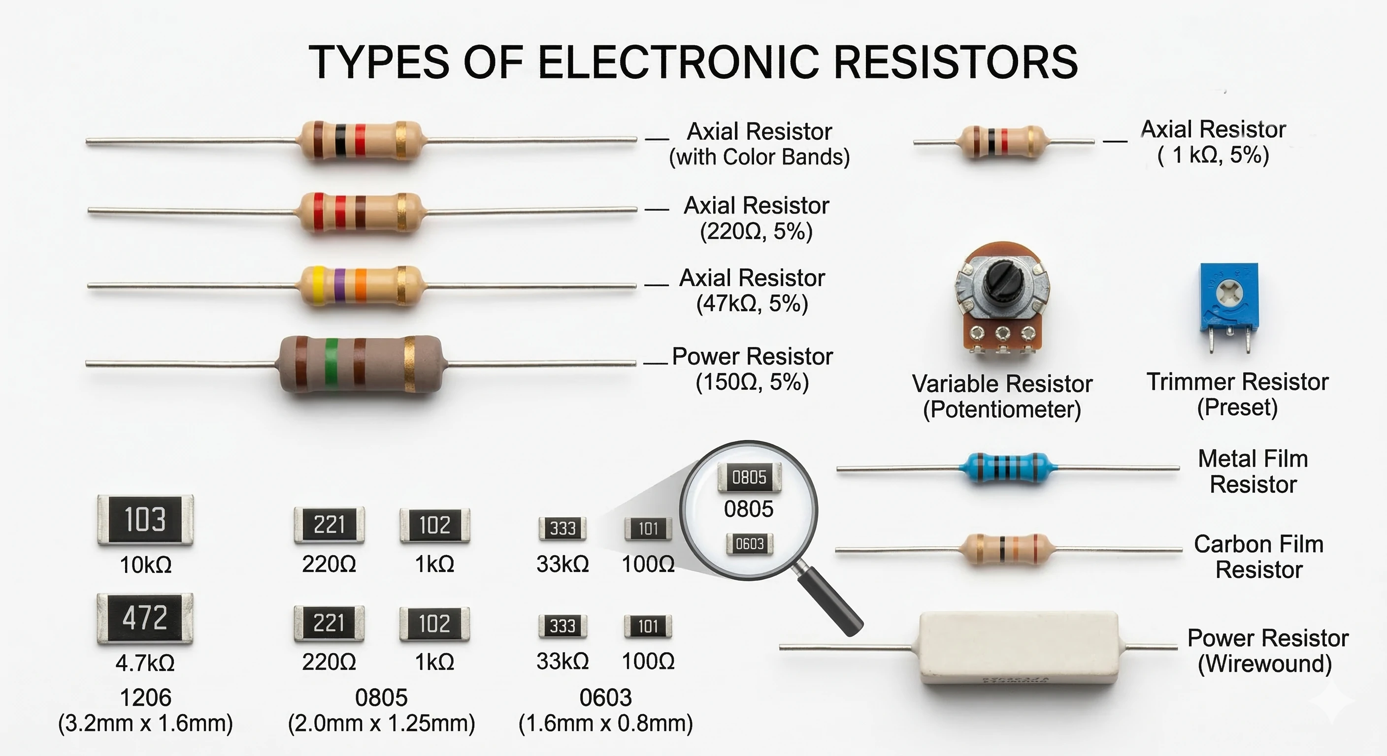 Resistencias eléctricas reales utilizadas en electrónica, incluyendo resistencias axiales y de montaje superficial